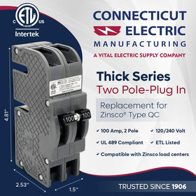 Connecticut Electric QCAL100 compatibility close-up highlights Zinsco replacement readiness.