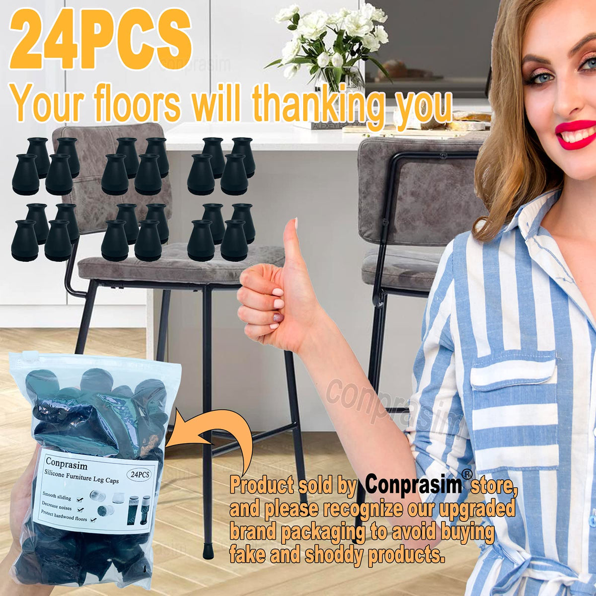 Conprasim in-use on dining chair demonstrates quiet glide