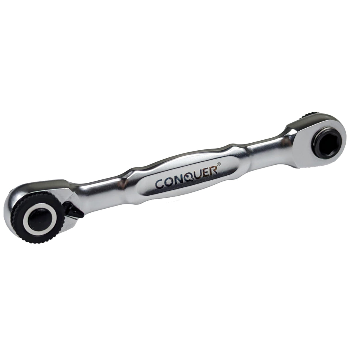 Conquer 1/4-drive mini ratchet double-headed for socket and hex bit versatility.