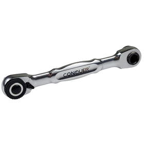 Conquer 1/4-drive mini ratchet double-headed for socket and hex bit versatility.