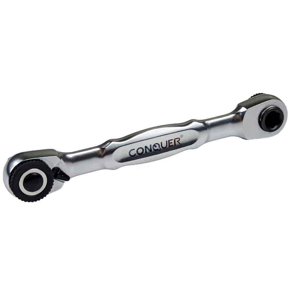 Conquer 1/4-drive mini ratchet double-headed for socket and hex bit versatility.