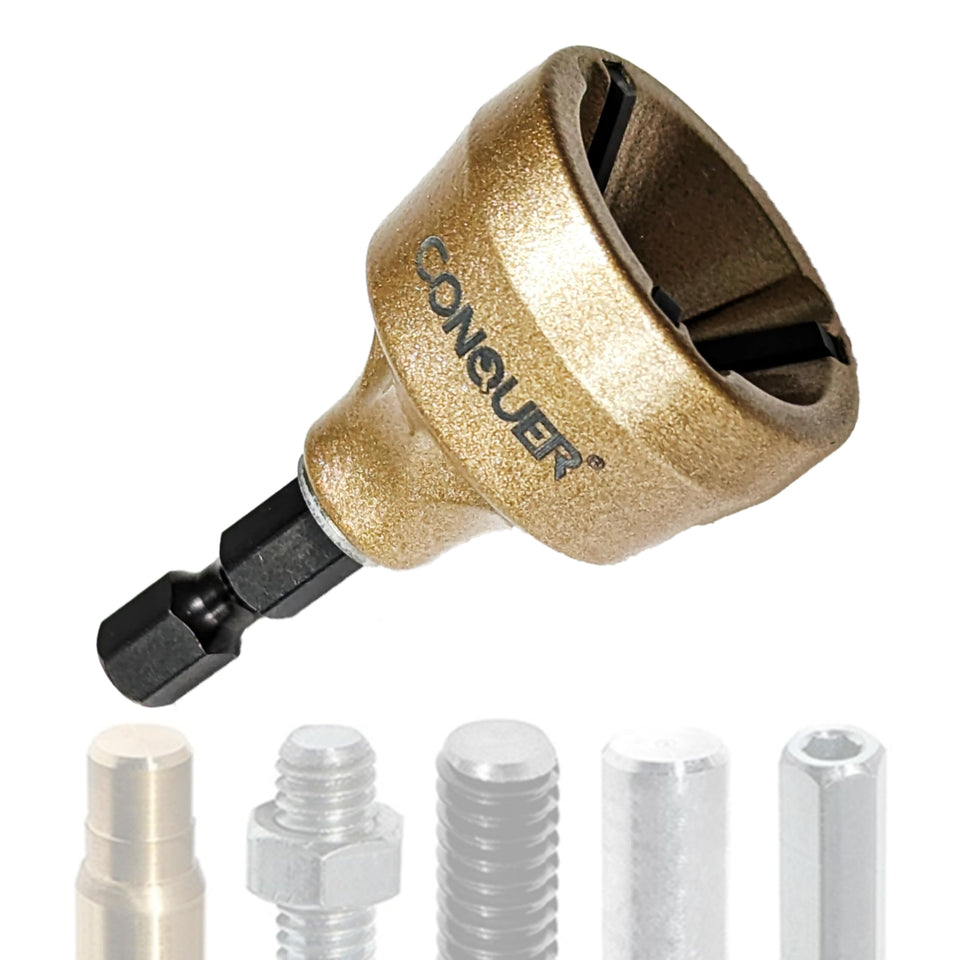 CONQUER external chamfer tool with tungsten blade for clean bolt threads.