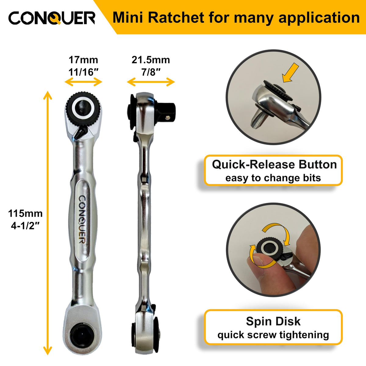 Conquer mini ratchet quick-change button speeds socket changes.