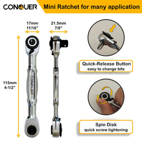 Conquer mini ratchet quick-change button speeds socket changes.