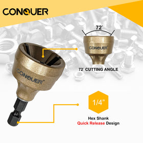CONQUER quick-release shank enables fast tool changes during metalwork.