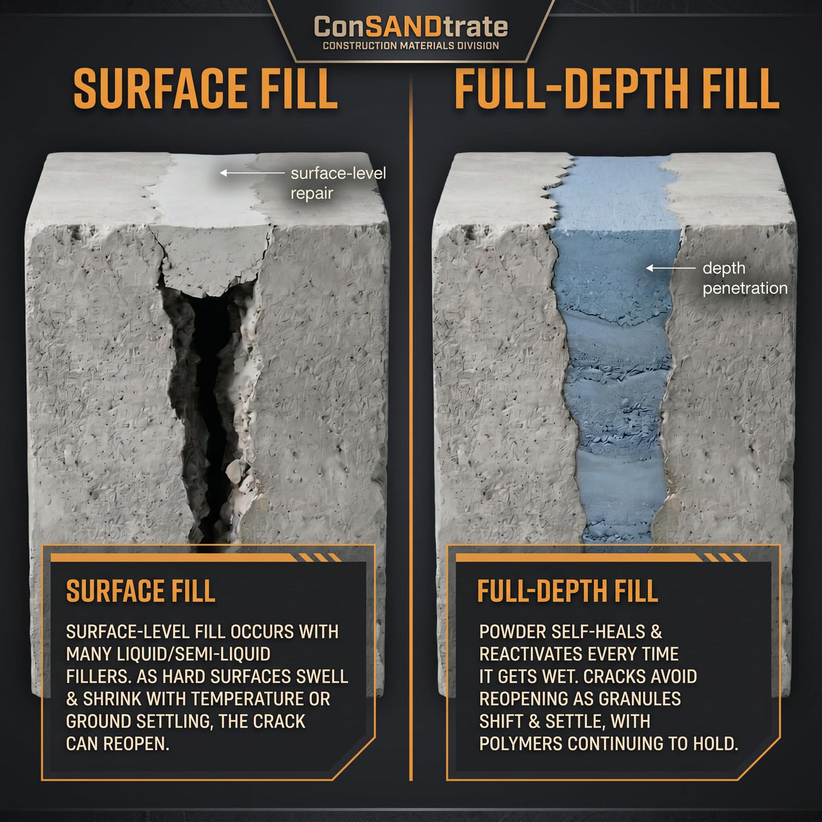 ConSandtrate water activated polymer technology highlights strong bonding to existing concrete.