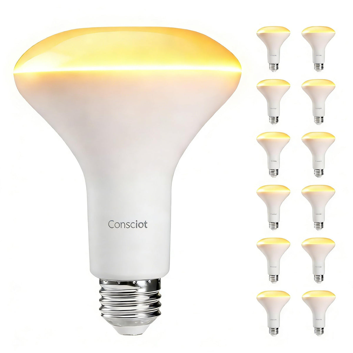 Consciot BR30 LED bulb front view with warm soft white light