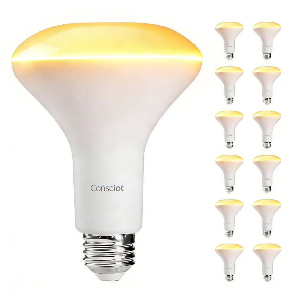 Consciot BR30 LED bulb front view with warm soft white light