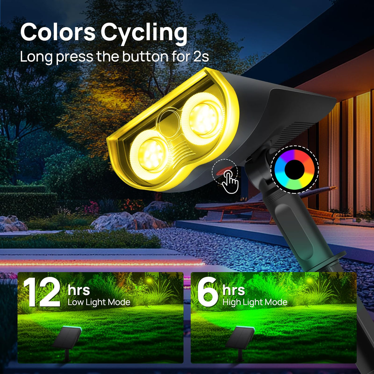 Consciot Solar Spot Light offers up to 12 hours of color at night.