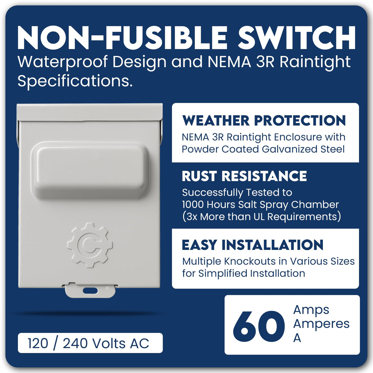 ControlGear 60A pullout disconnect side view highlighting weatherproof design