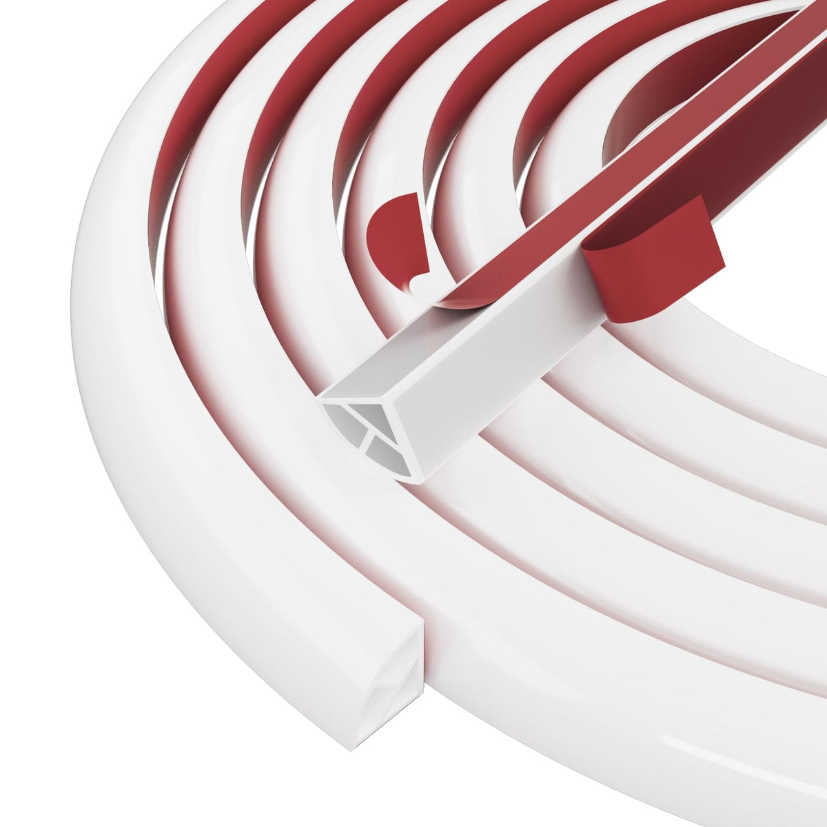 Conwang flexible quarter-round molding adapts to curved stairs for seamless corners.
