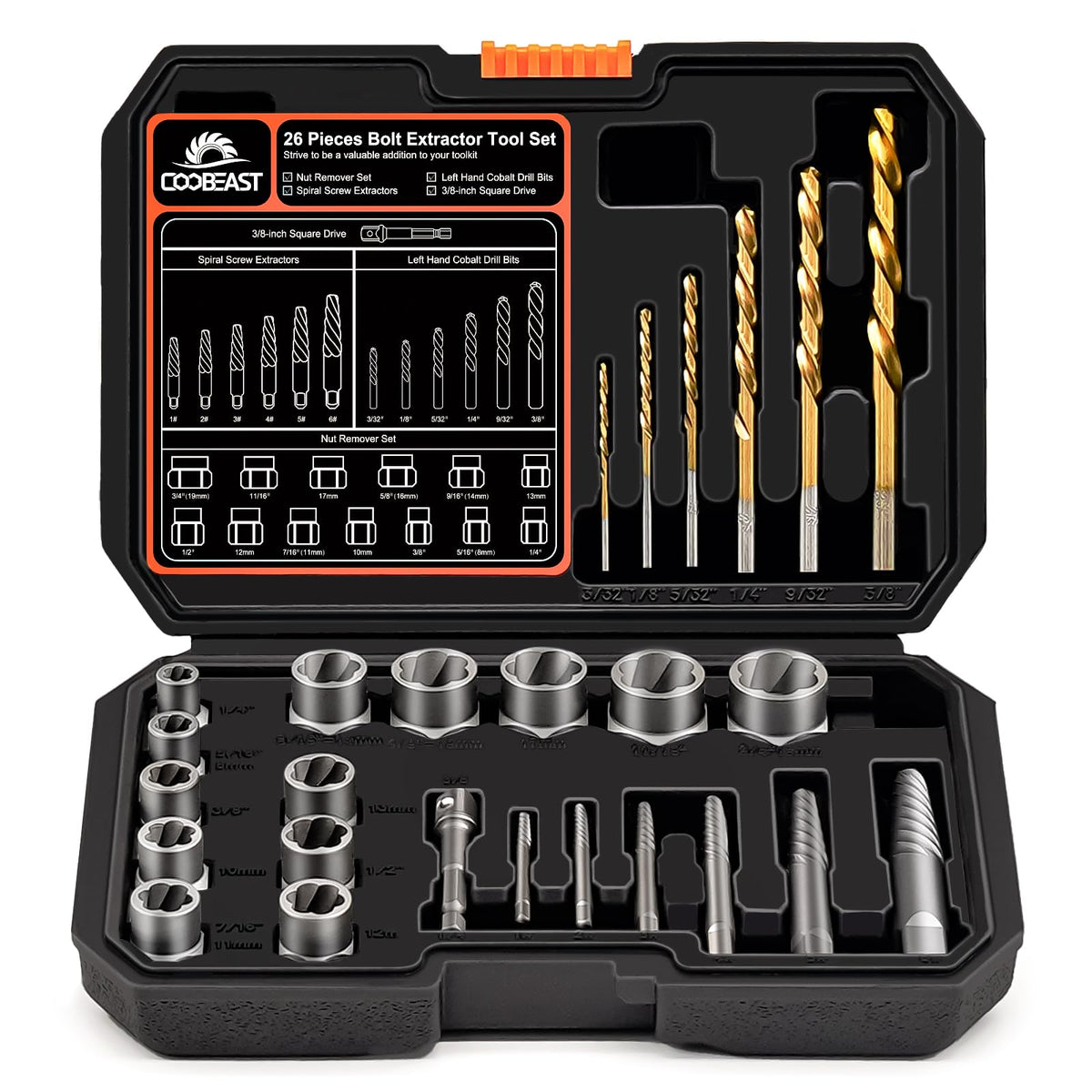 Coobeast 26Pcs bolt extractor kit in case for versatile fastener removal.