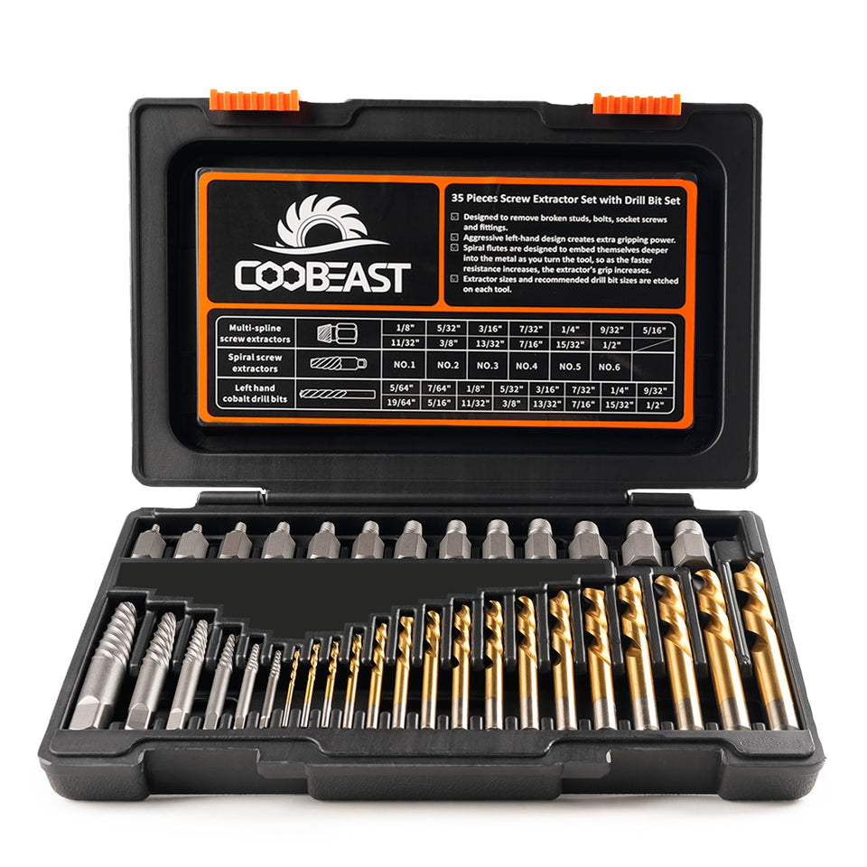 Coobeast 35-piece screw extractor set in case for organized repairs.