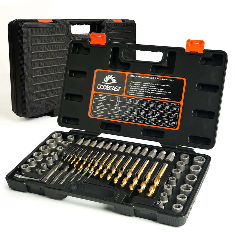 Coobeast 62Pcs Screw Extractor Set with left-hand bits for stubborn bolt removal.