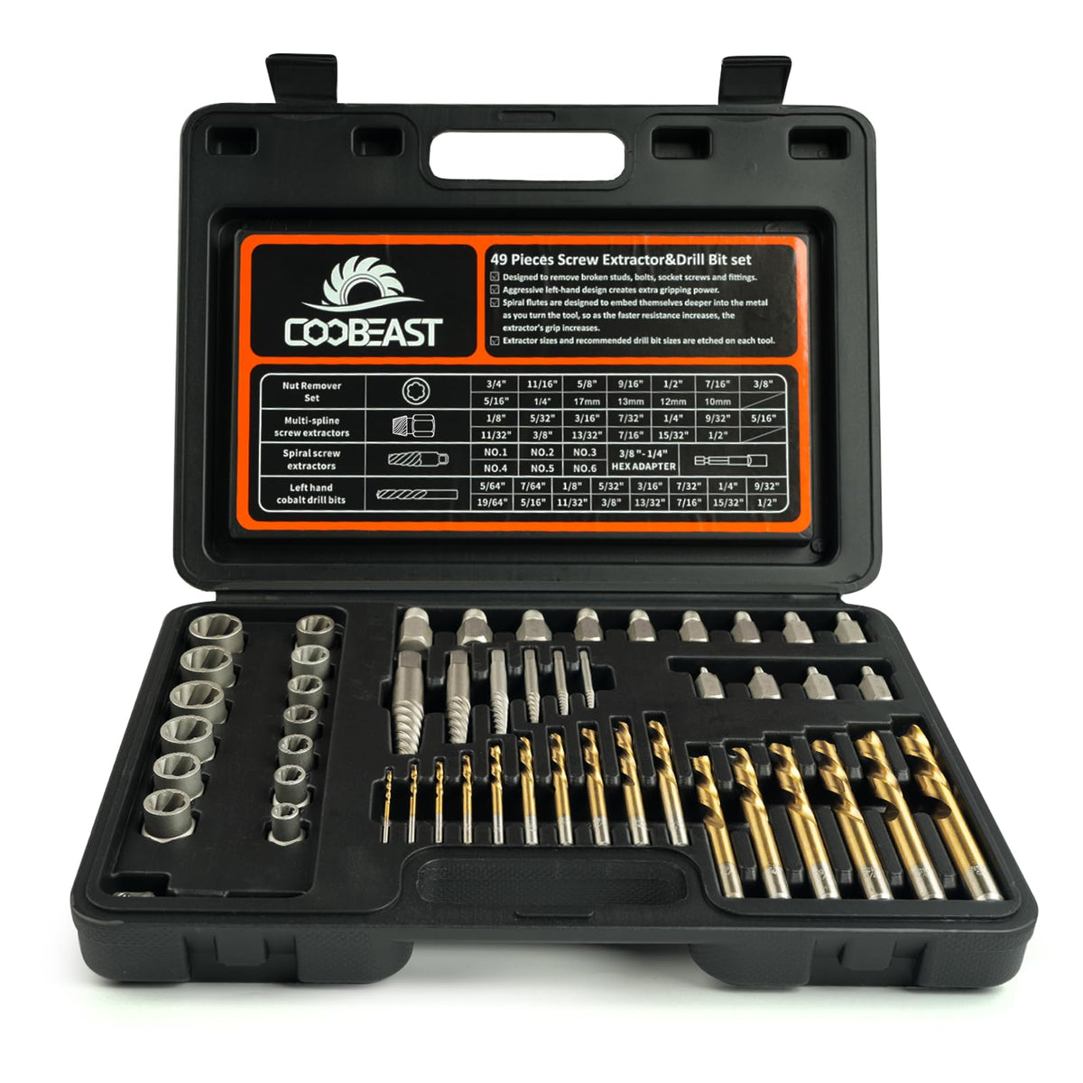 Coobeast bolt extractor kit in case for organized DIY repairs