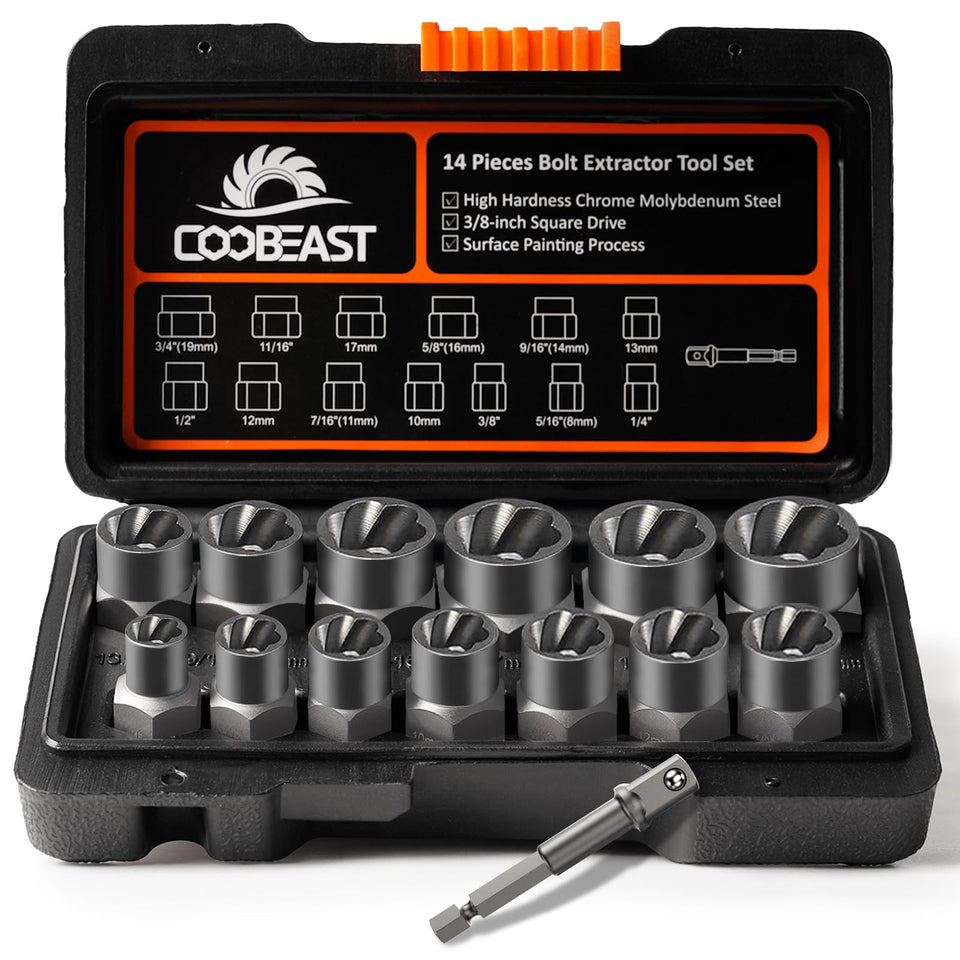 Coobeast bolt extractor set in case view, ideal for tough bolts and repairs.