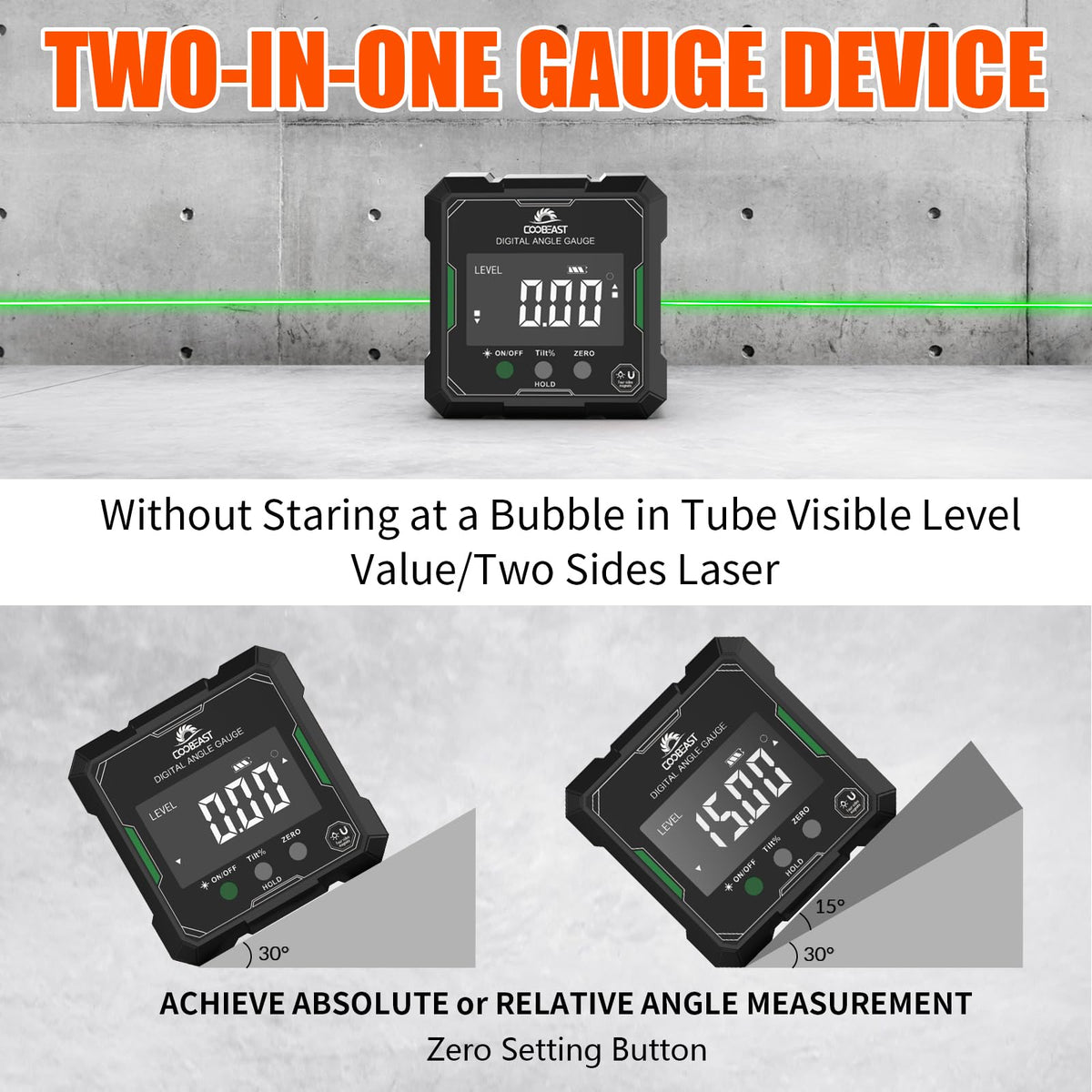 Coobeast digital angle finder 360-degree readings for quick transfers.