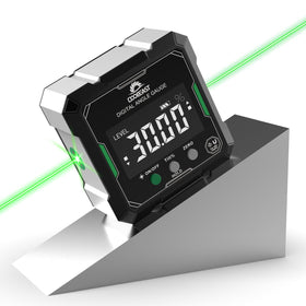Coobeast digital angle finder with green laser, front view, for precise wood markings.