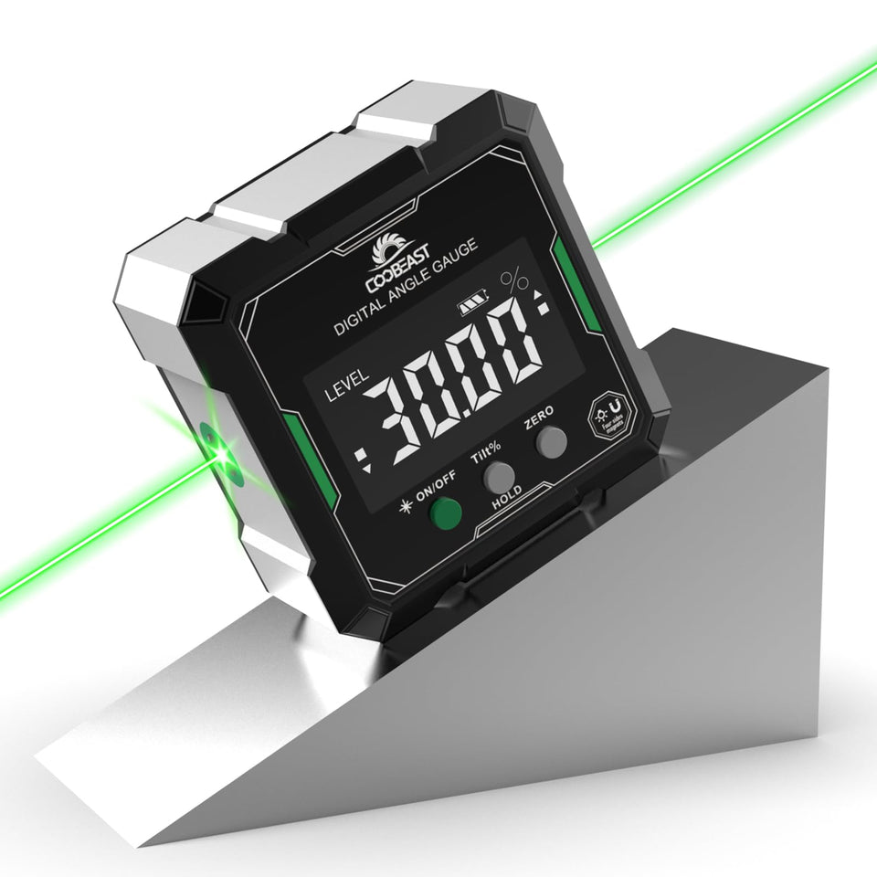 Coobeast digital angle finder with green laser, front view, for precise wood markings.