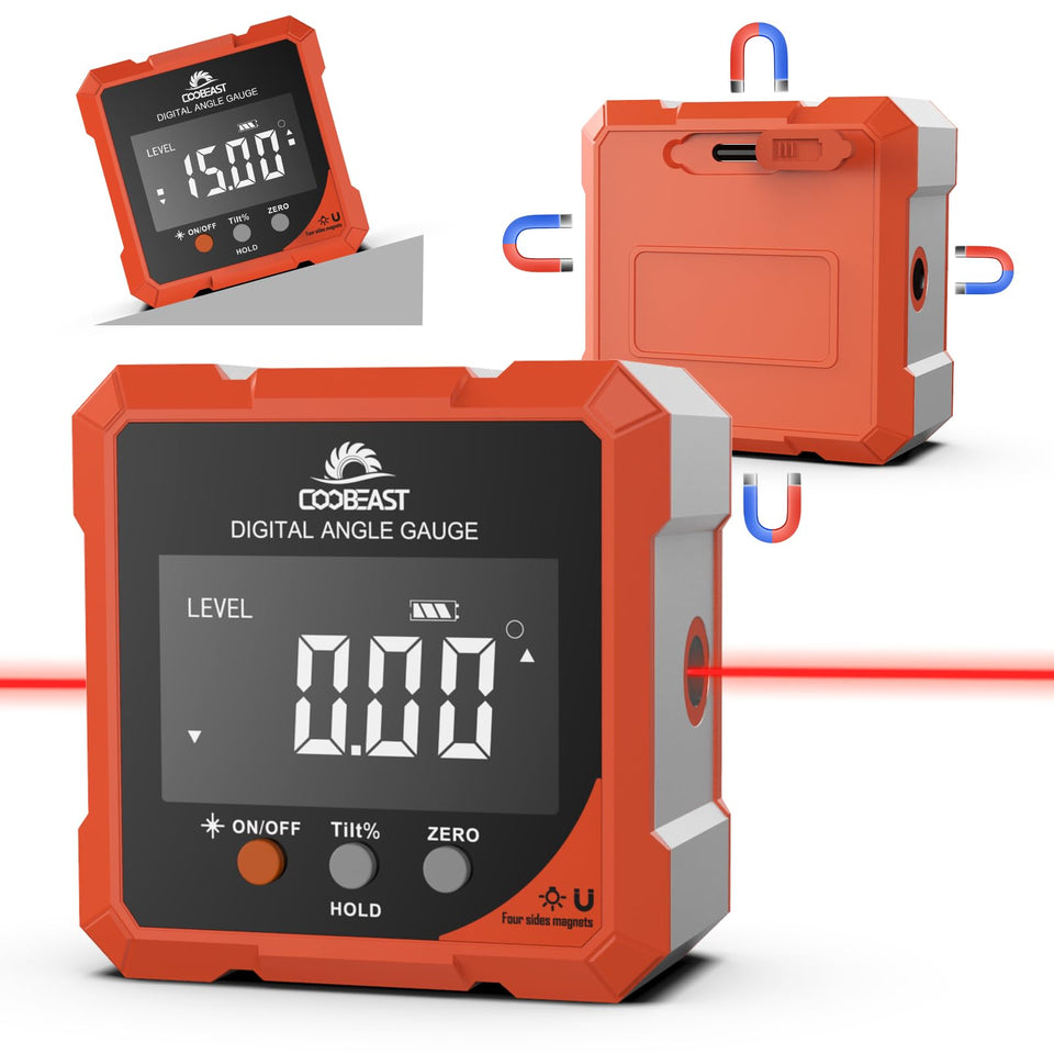 Coobeast digital angle finder with laser line for precise leveling.