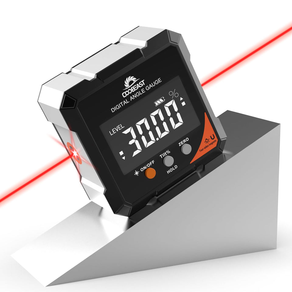 Coobeast digital angle finder with laser provides precise measurements for woodworking projects.