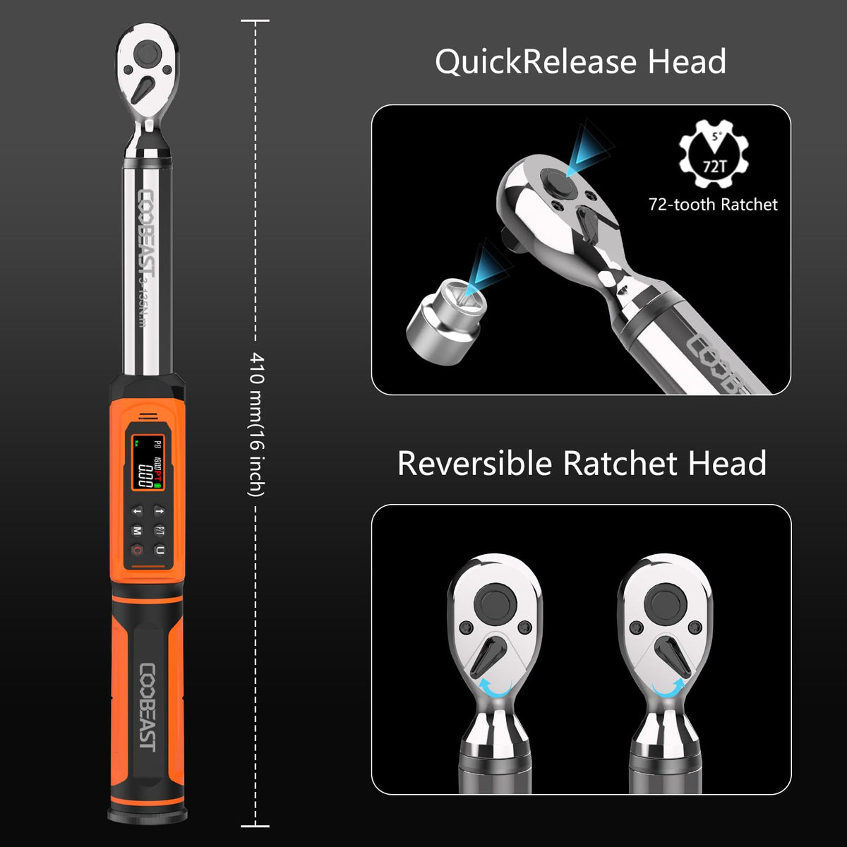 Coobeast torque wrench display with backlight for easy readings in dim environments.