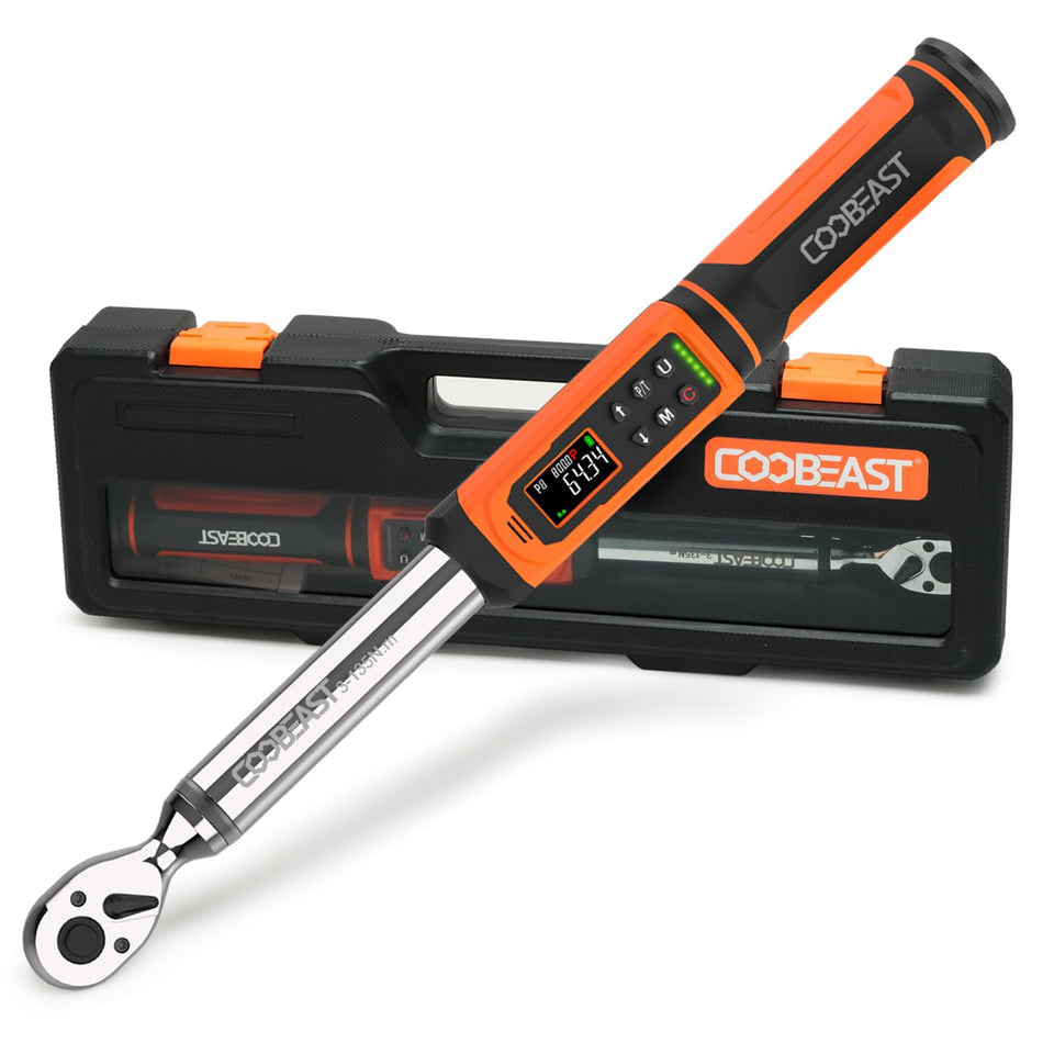 Coobeast digital torque wrench front view showing compact 3/8 drive for tight spaces.