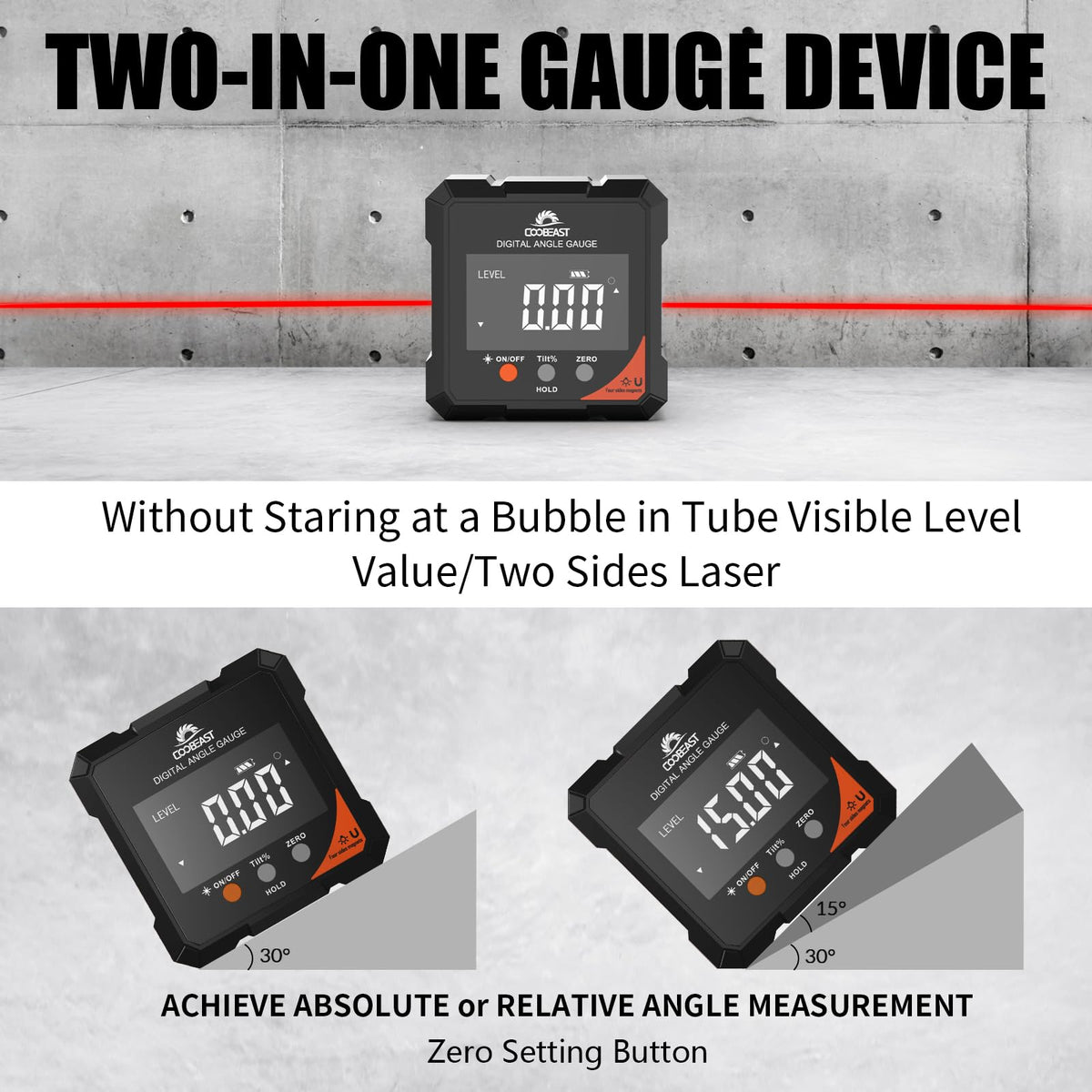 Coobeast four-side magnetic angle gauge stays firmly attached during setup.
