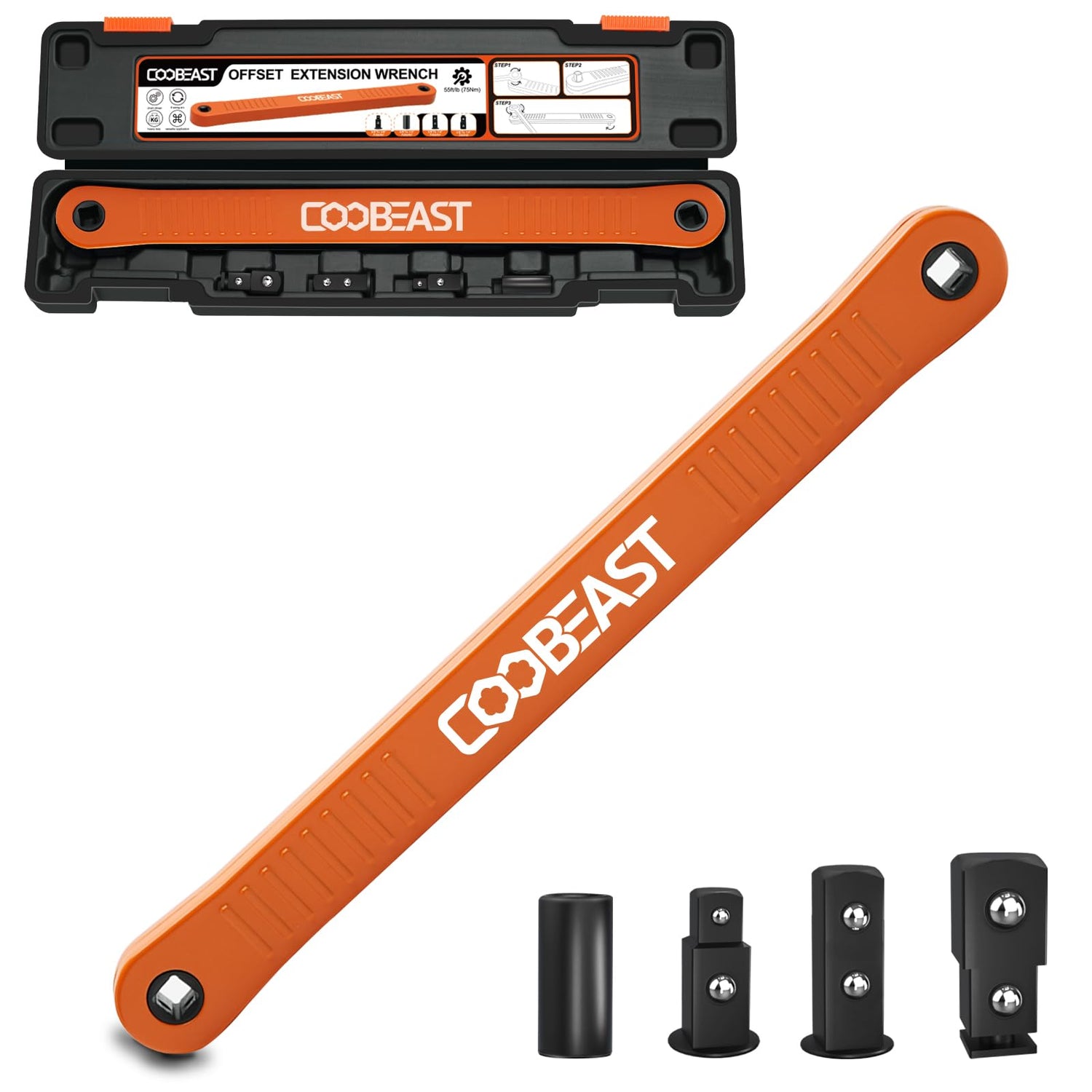 Coobeast offset extension wrench in action reaching a tight automotive bolt