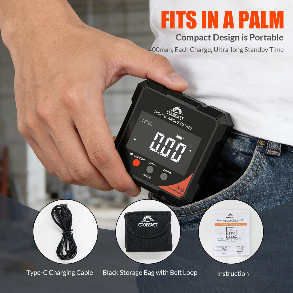 Coobeast palm-sized inclinometer fits in a pocket for on-site checks.