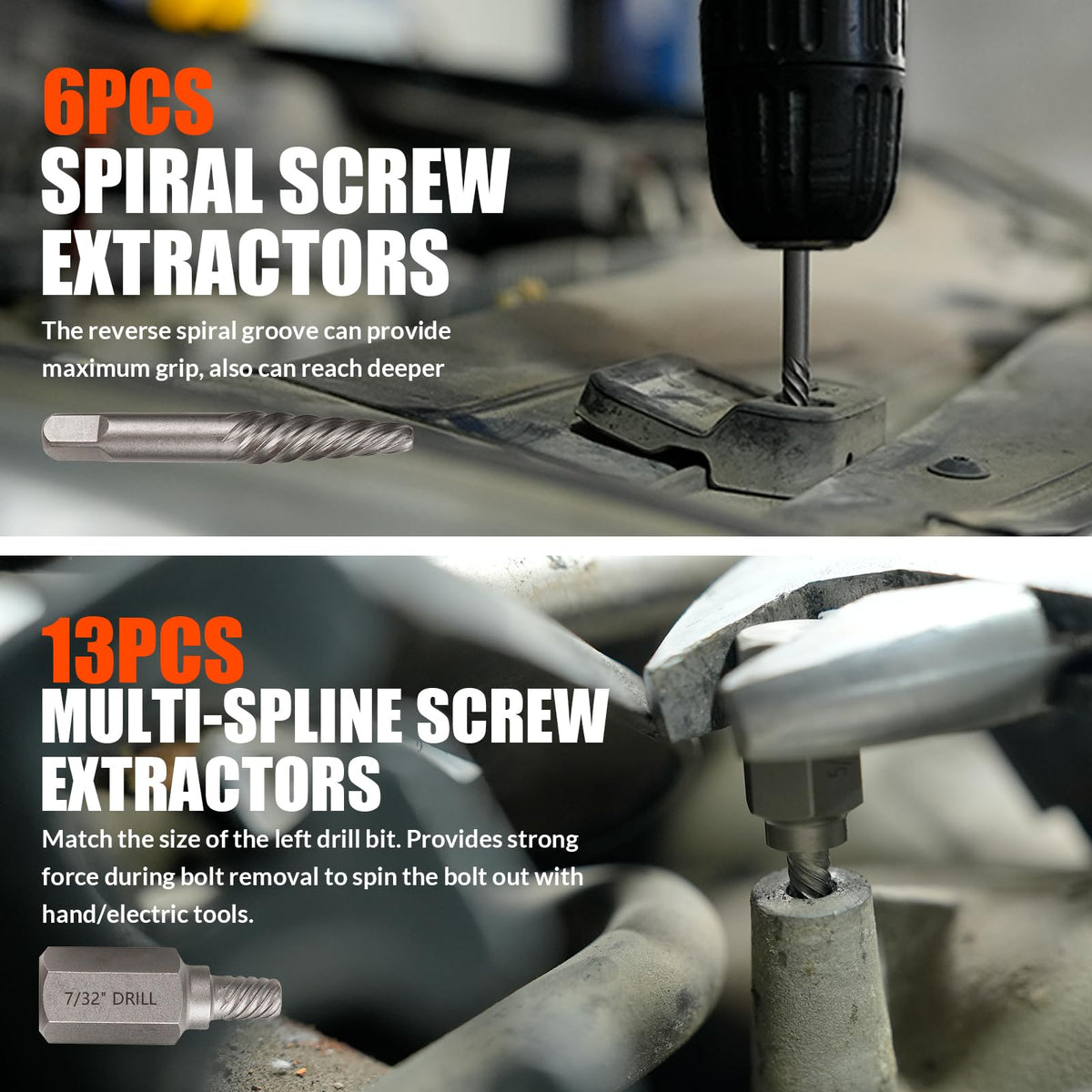 Coobeast spiral extractors reach deep fasteners for thorough extraction.