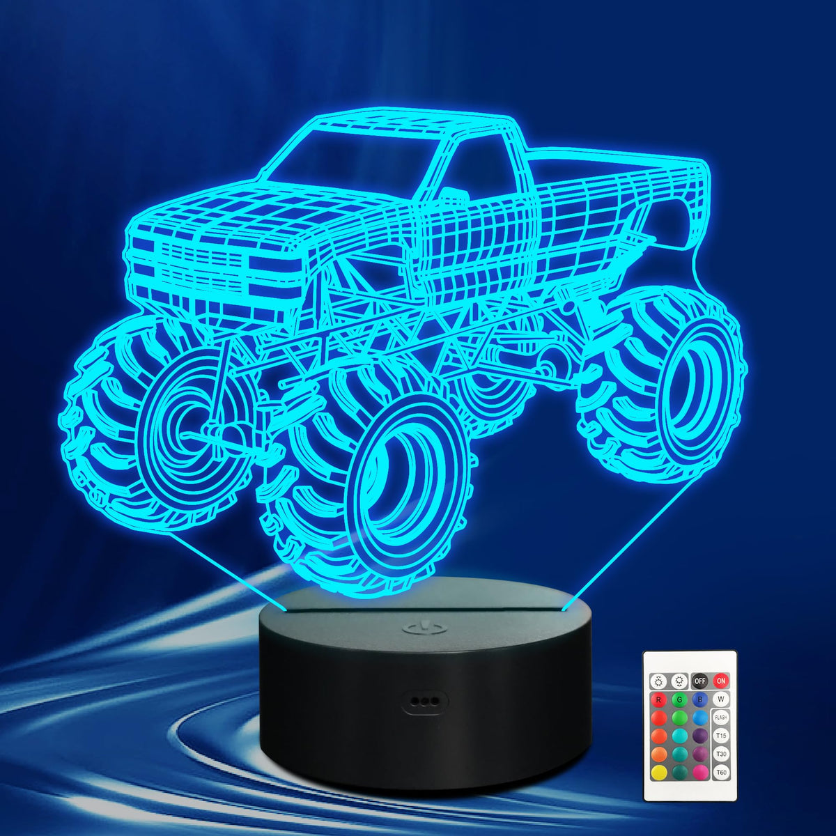 CoolGift Mart Monster Trucks night light with remote control on bedside table for easy bedtime routine