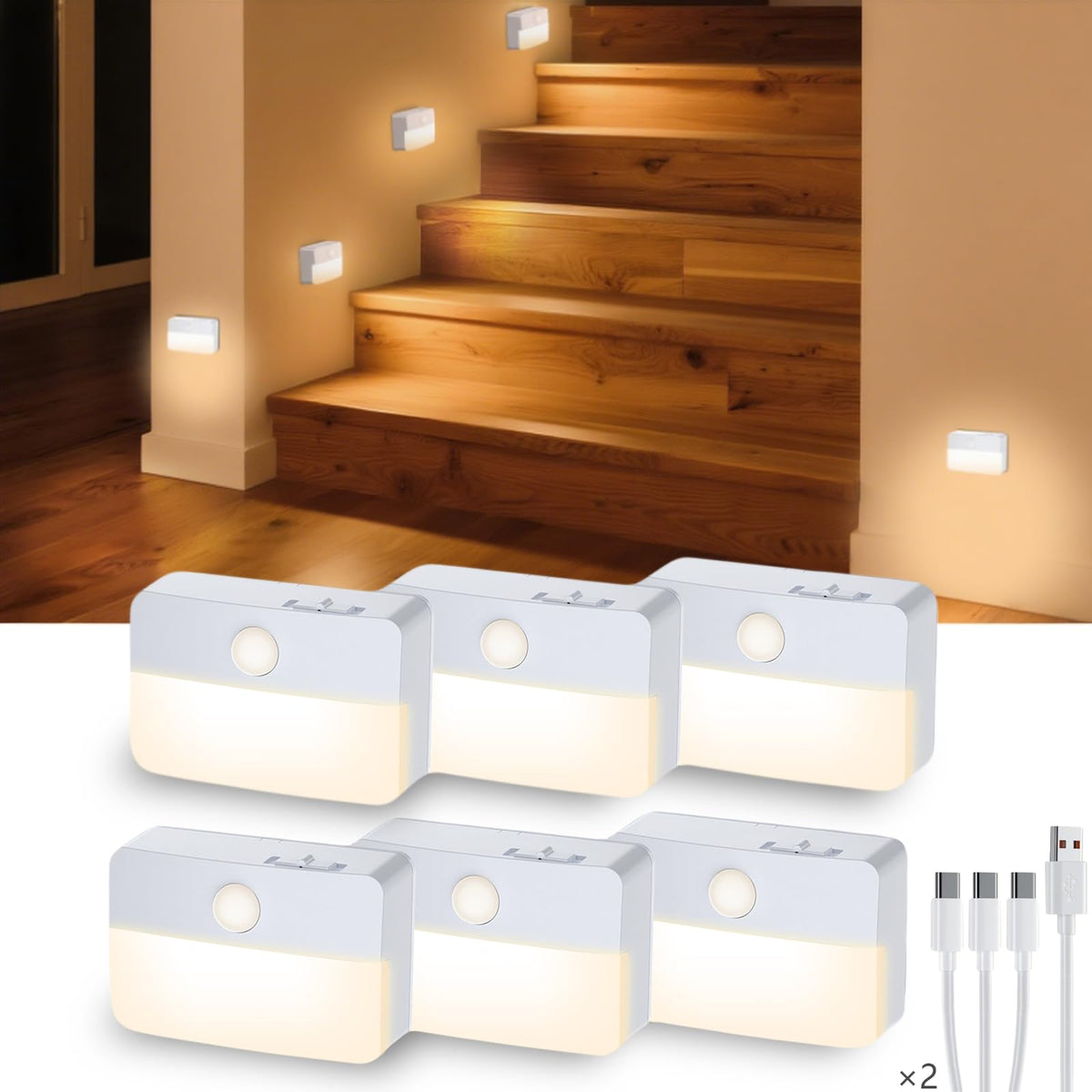 Coolilumi motion sensor night light illuminating stairs for hands-free navigation.