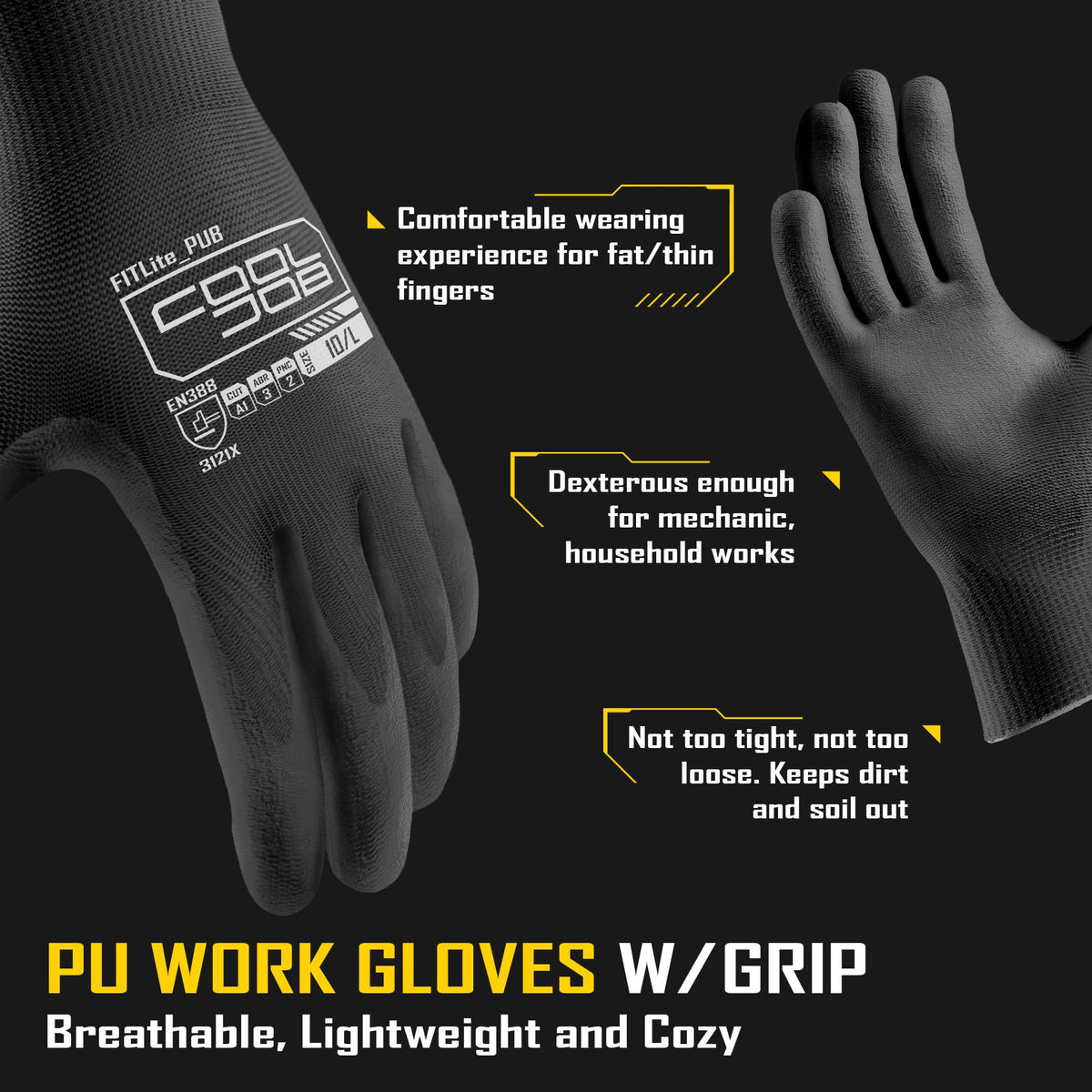 CoolJob 13-gauge knit gloves enhance dexterity for precise assembly and packing.