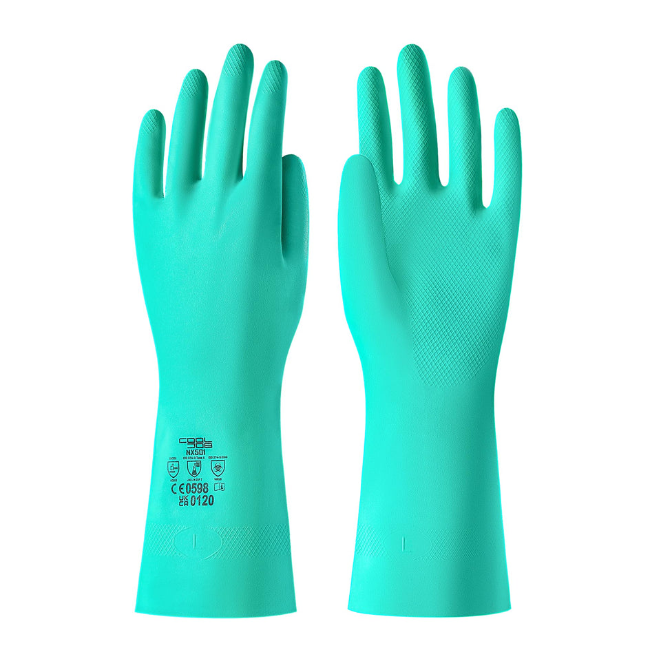 COOLJOB 18-mil nitrile gloves forearm length for added splash protection.
