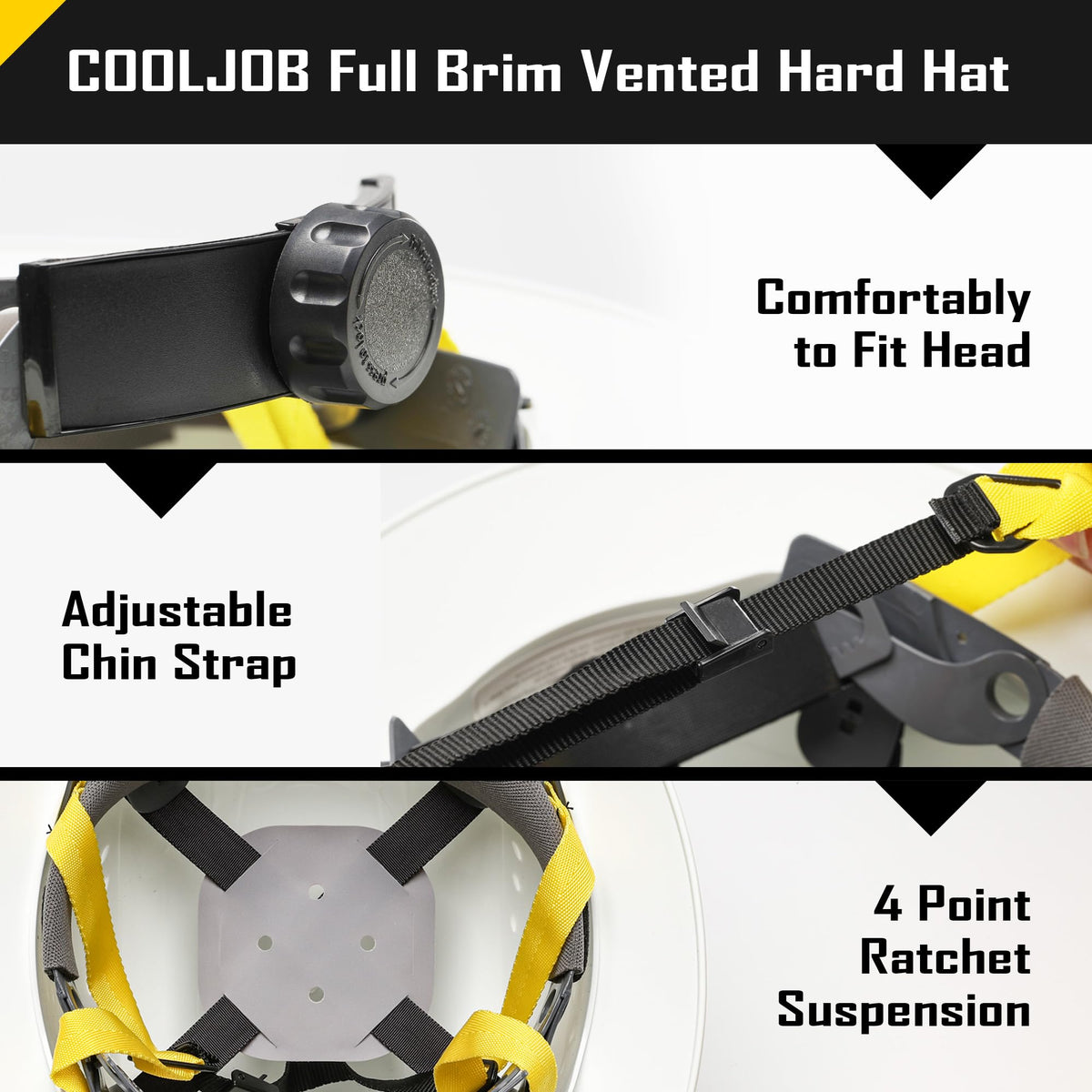 COOLJOB 4-point ratchet suspension close-up emphasizes easy size adjustment.