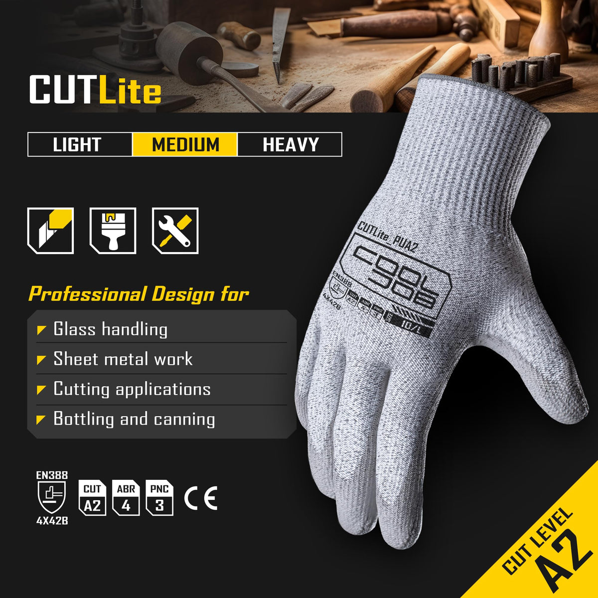COOLJOB A2 gloves side view showing flexible 13-gauge shell for comfort
