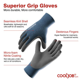 COOLJOB nitrile-coated gloves provide grip in dry and wet conditions.