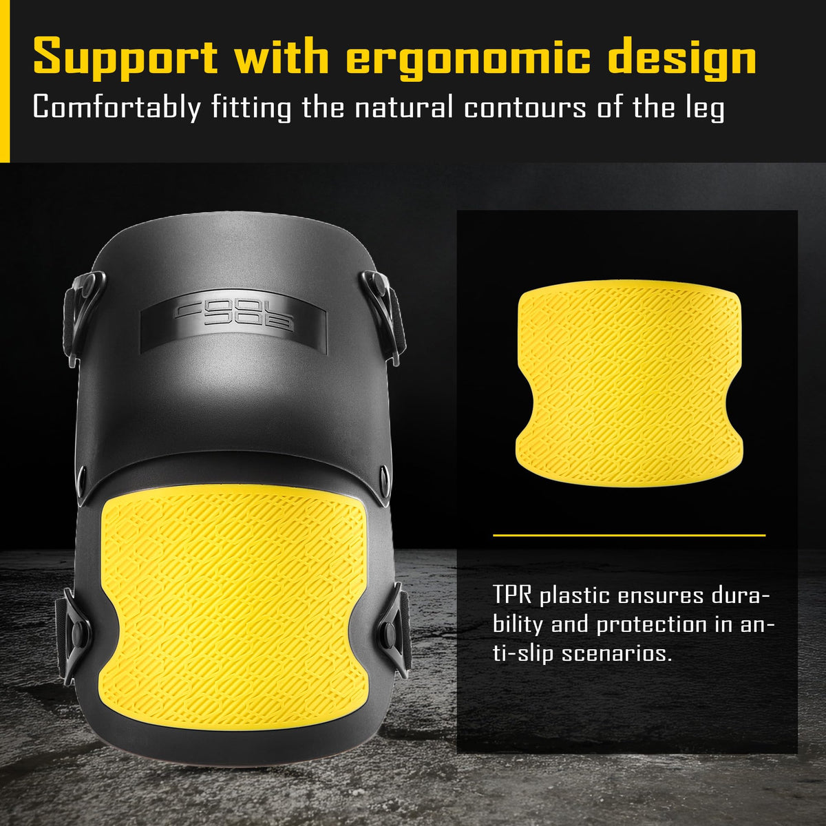 CoolJOB knee pads side view showing strap system for secure, adjustable fit