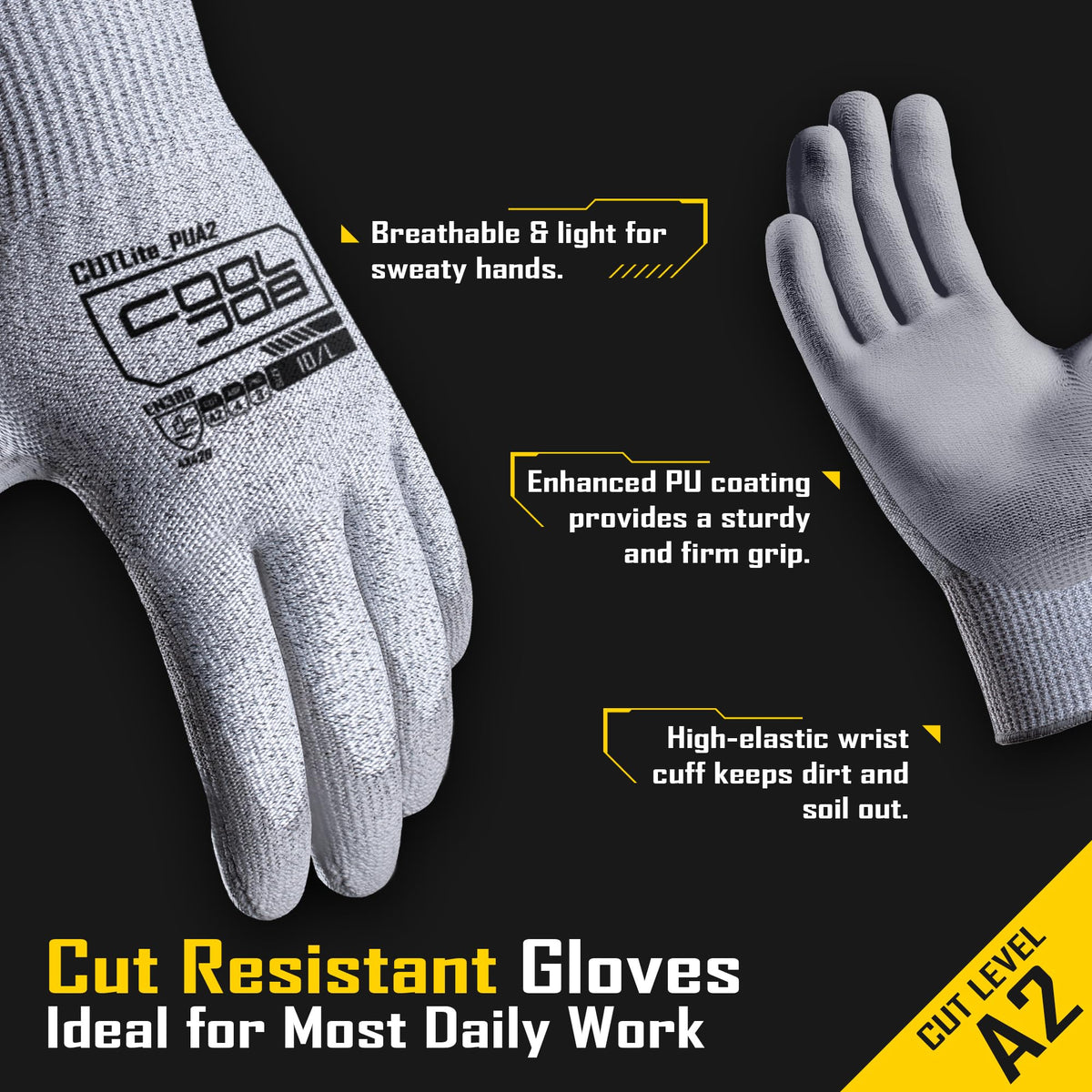 COOLJOB PU coated gloves providing strong grip in dry or damp conditions