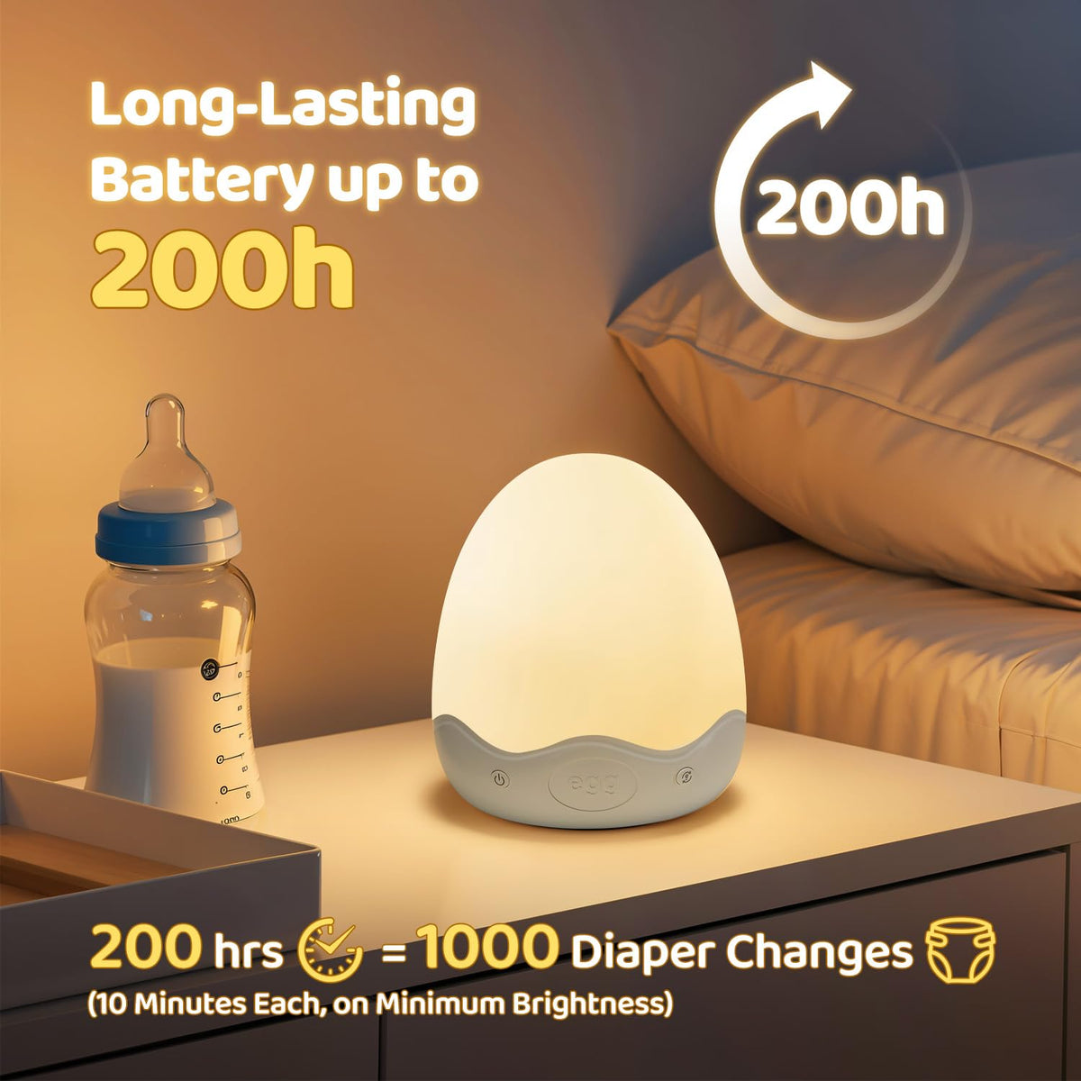 COOLNIGHT egg night light provides 10 brightness levels for diaper changes