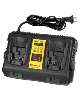 COOMYXIN DCB102 dual-port charging two DeWalt batteries on a busy workshop desk.