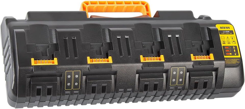 COOMYXIN DCB104 four-port charger powers multiple DeWalt batteries on site