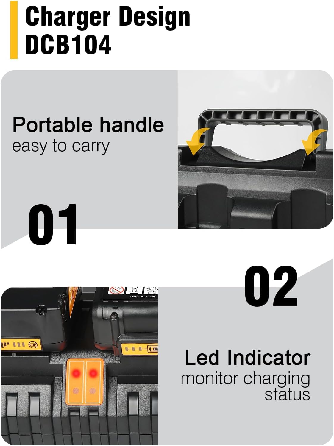 Wide compatibility supports 12V-20V DeWalt batteries for versatile use