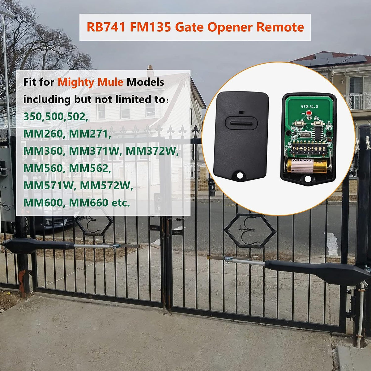Cooouds RB741 remote in action demonstrating compatibility with Mighty Mule and GTO openers.