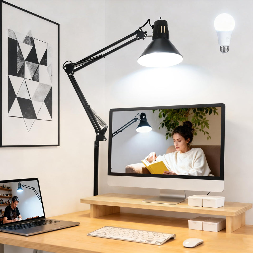 COOSPIDER UV desk lamp with clamp and extra-tall swing arm for overhead illumination