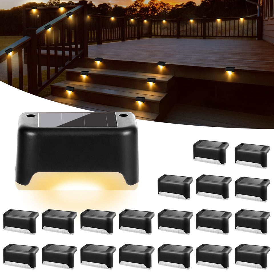 COOZAMING solar deck lights illuminate outdoor stairs with warm white glow for safer nighttime navigation.