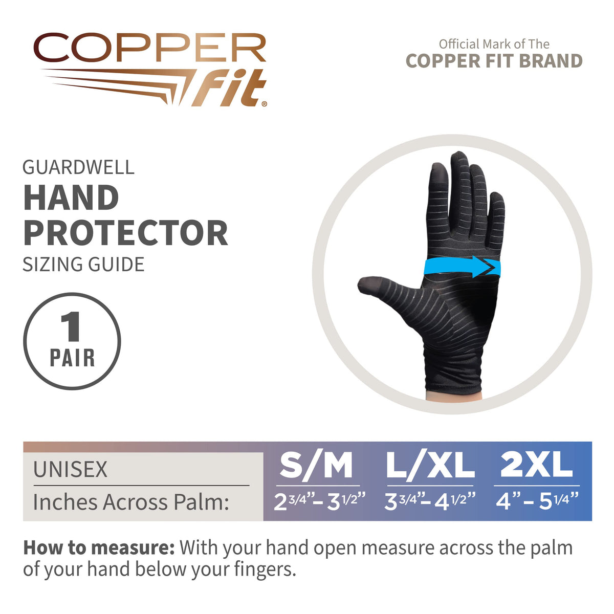 Sizing guide shows palm measurement for precise Copper Fit Guardwell fit.