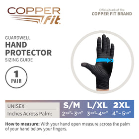 Sizing guide shows palm measurement for precise Copper Fit Guardwell fit.