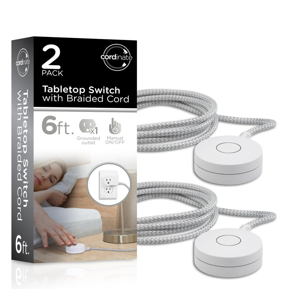 Cordinate extension cord with switch and 6ft white-gray braided cord for lamps.